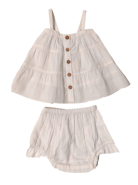 Tiered Infant Dress and Winged Bloomers - Ecru