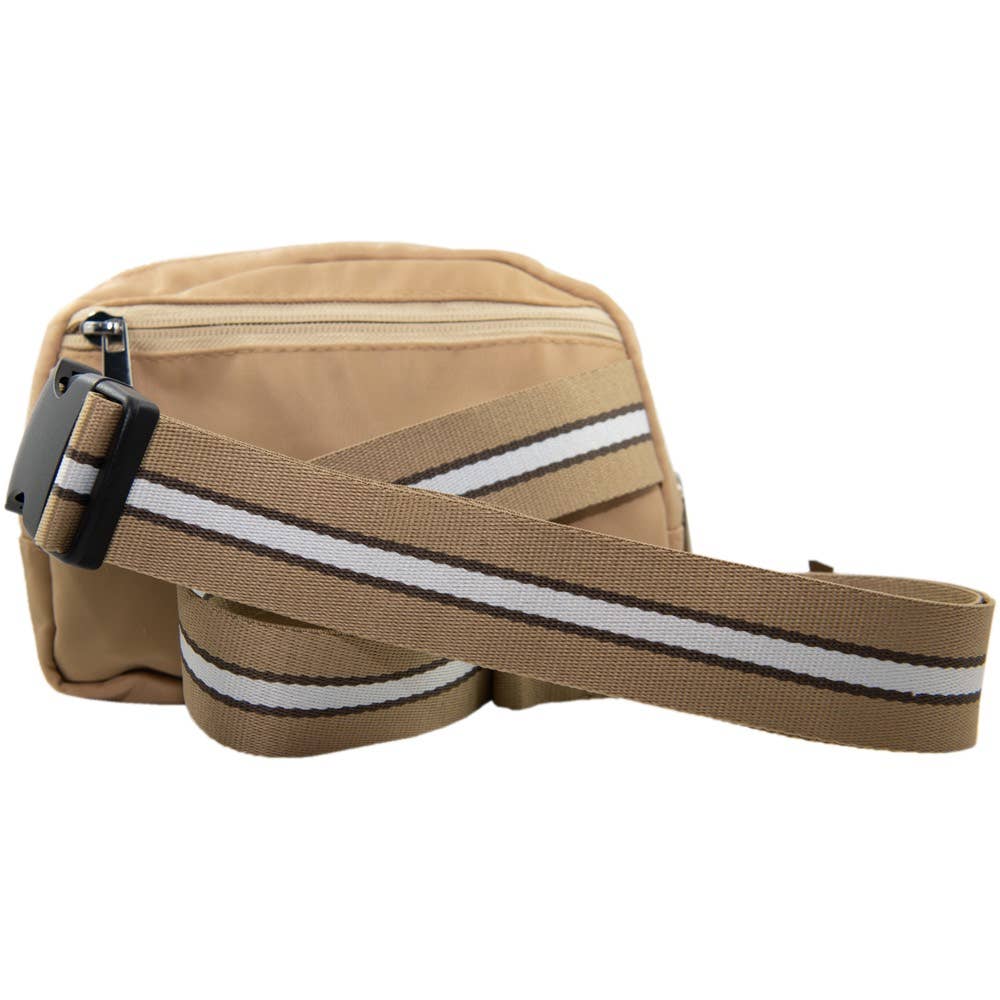 Solid Belt Bag with Striped Strap - Tan