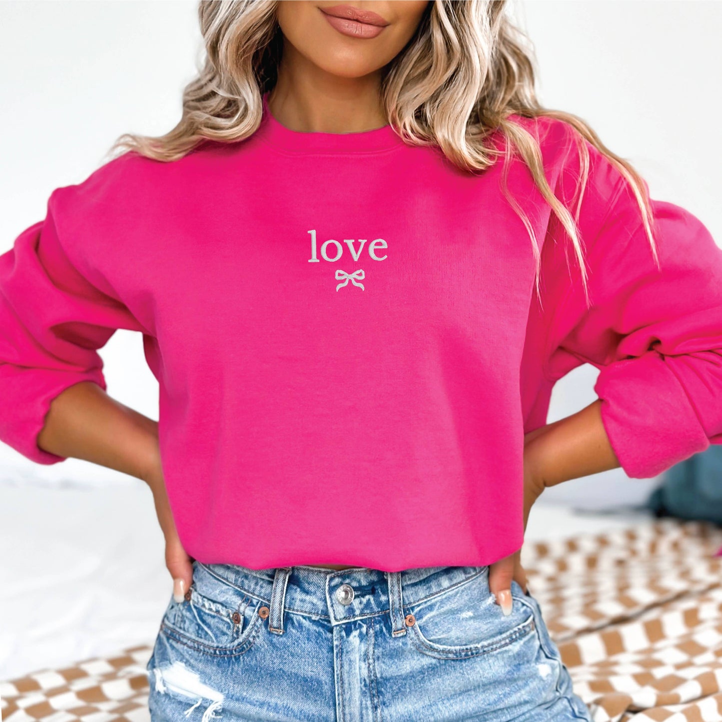 Embroidered Love Bow Sweatshirt - Hot Pink