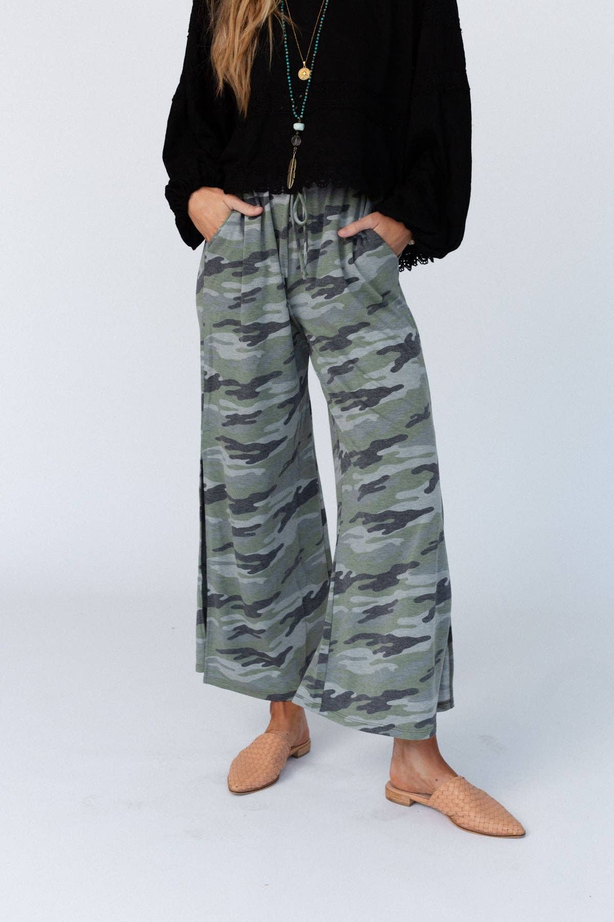 Wide Leg SLIT Pants - Camo