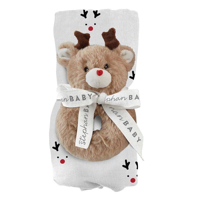 Swaddle Blanket + Plush Reindeer Rattle