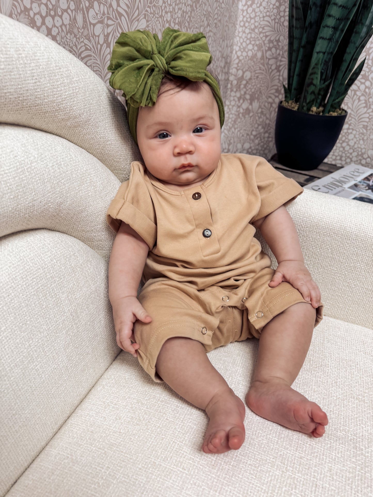 Solid Button Romper - Sand