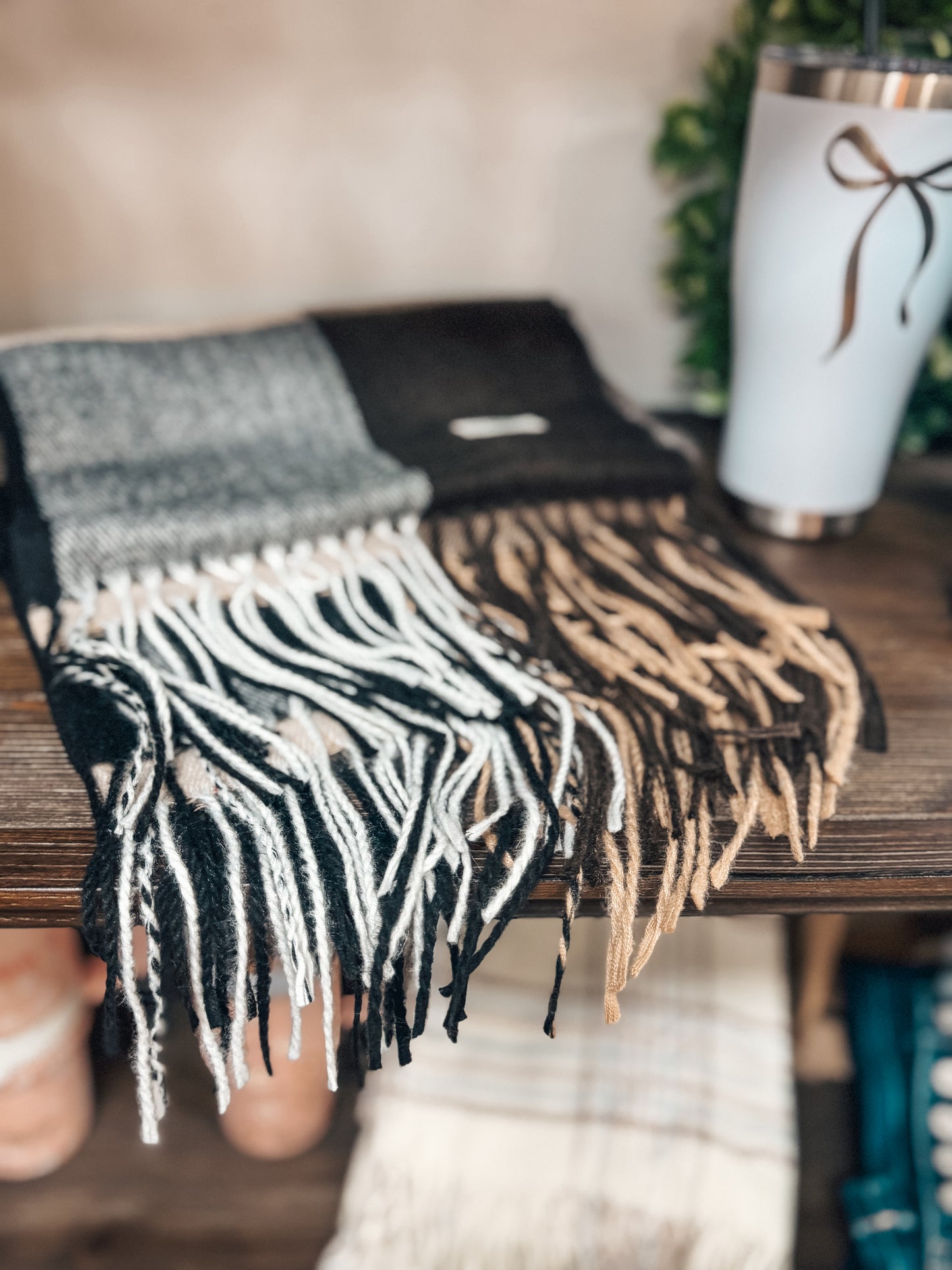 Chunky Knit Scarf - Brown/Cream Plaid