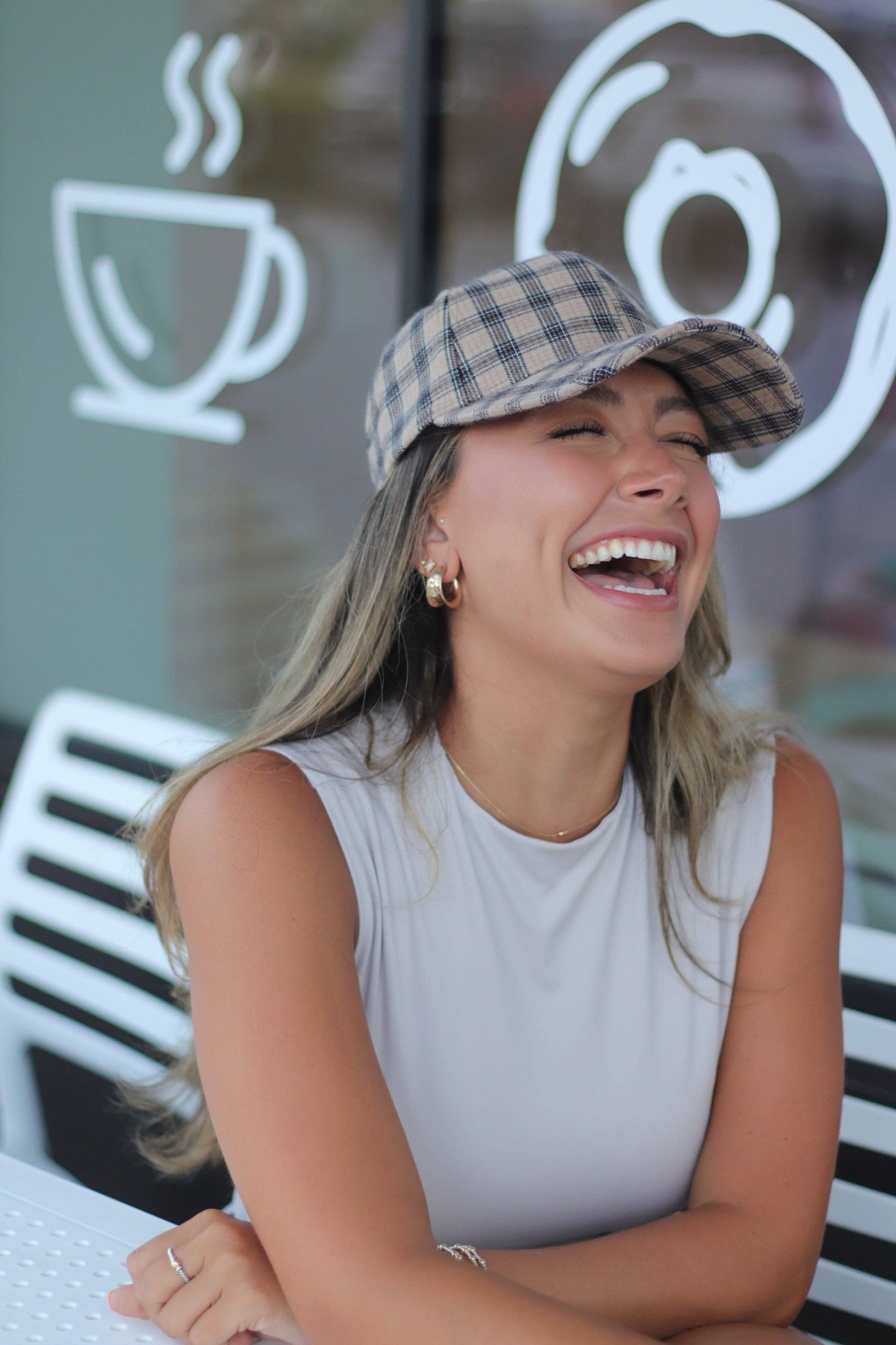 Baseball Hat - Beige/Black Plaid
