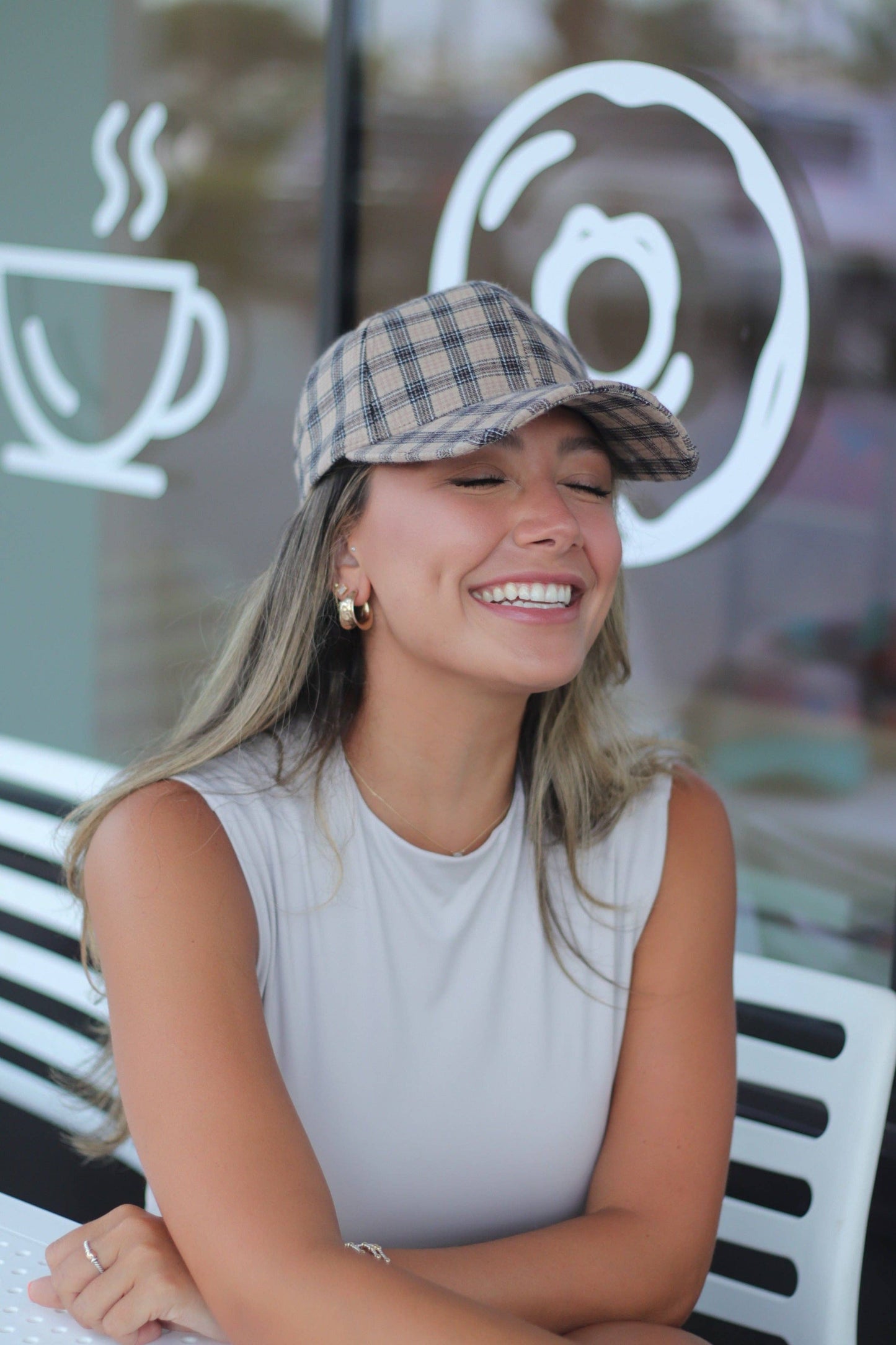 Baseball Hat - Beige/Black Plaid