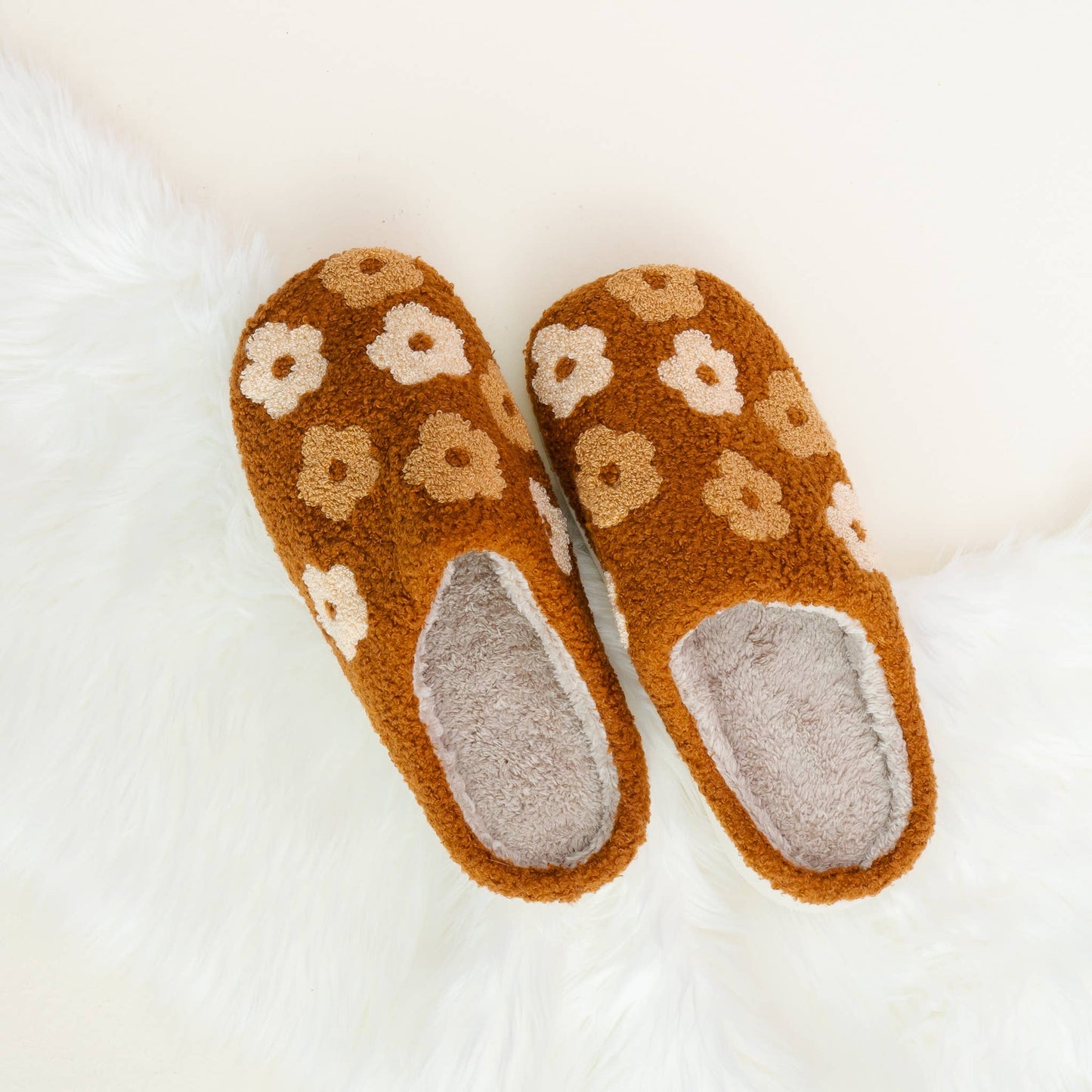 Fuzzy Slippers - Brown Flower