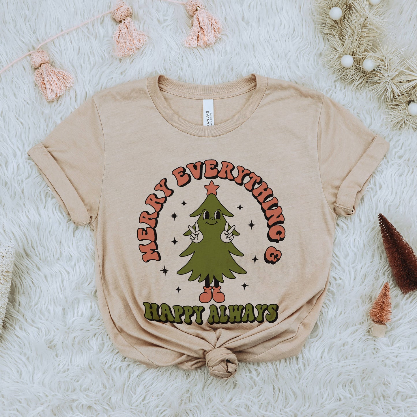 Merry Everything & Happy Always Retro Holiday Tee: Heather Sand Dunes