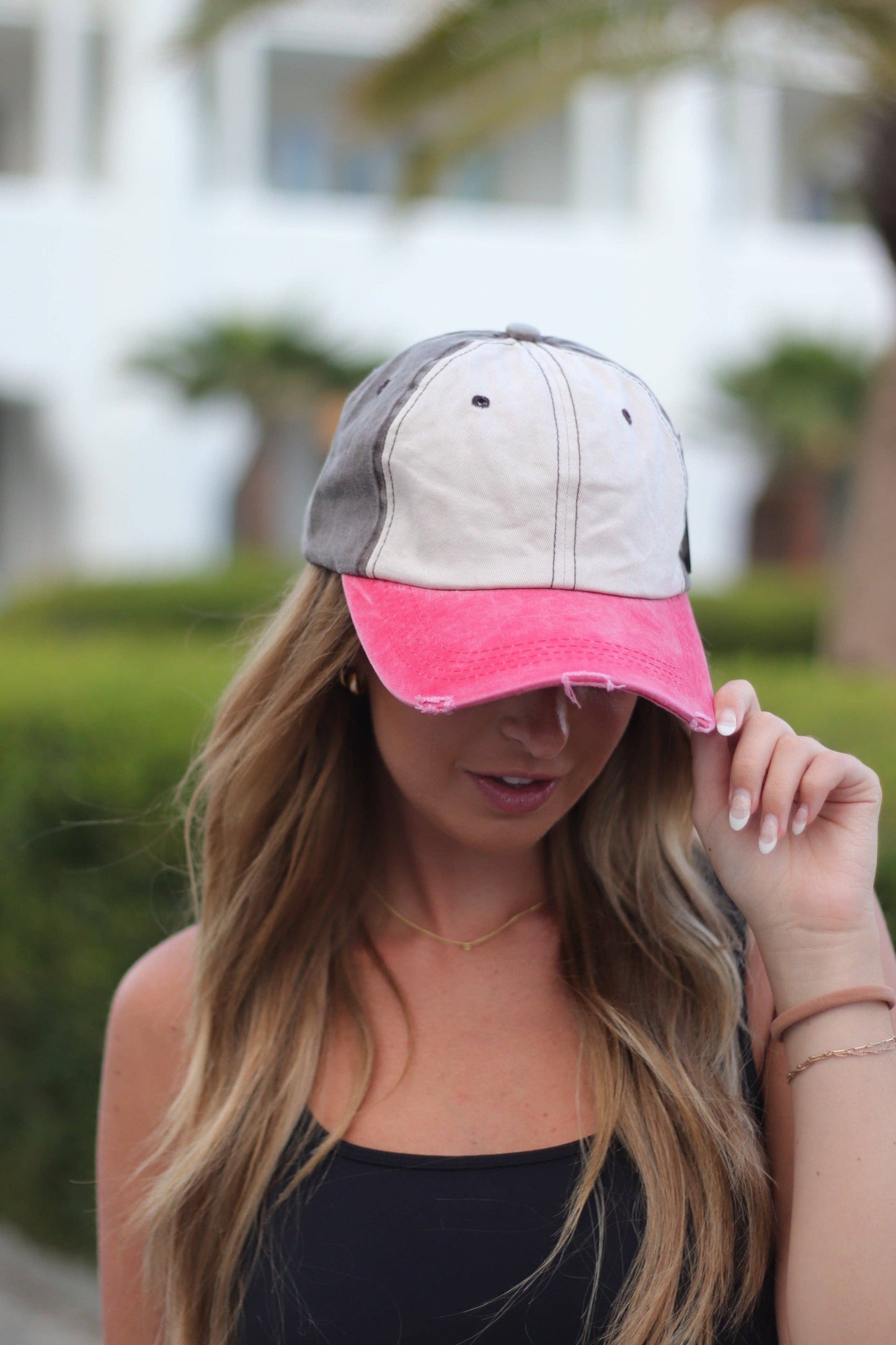 Baseball Hat - Distressed Tan/Brown/Coral