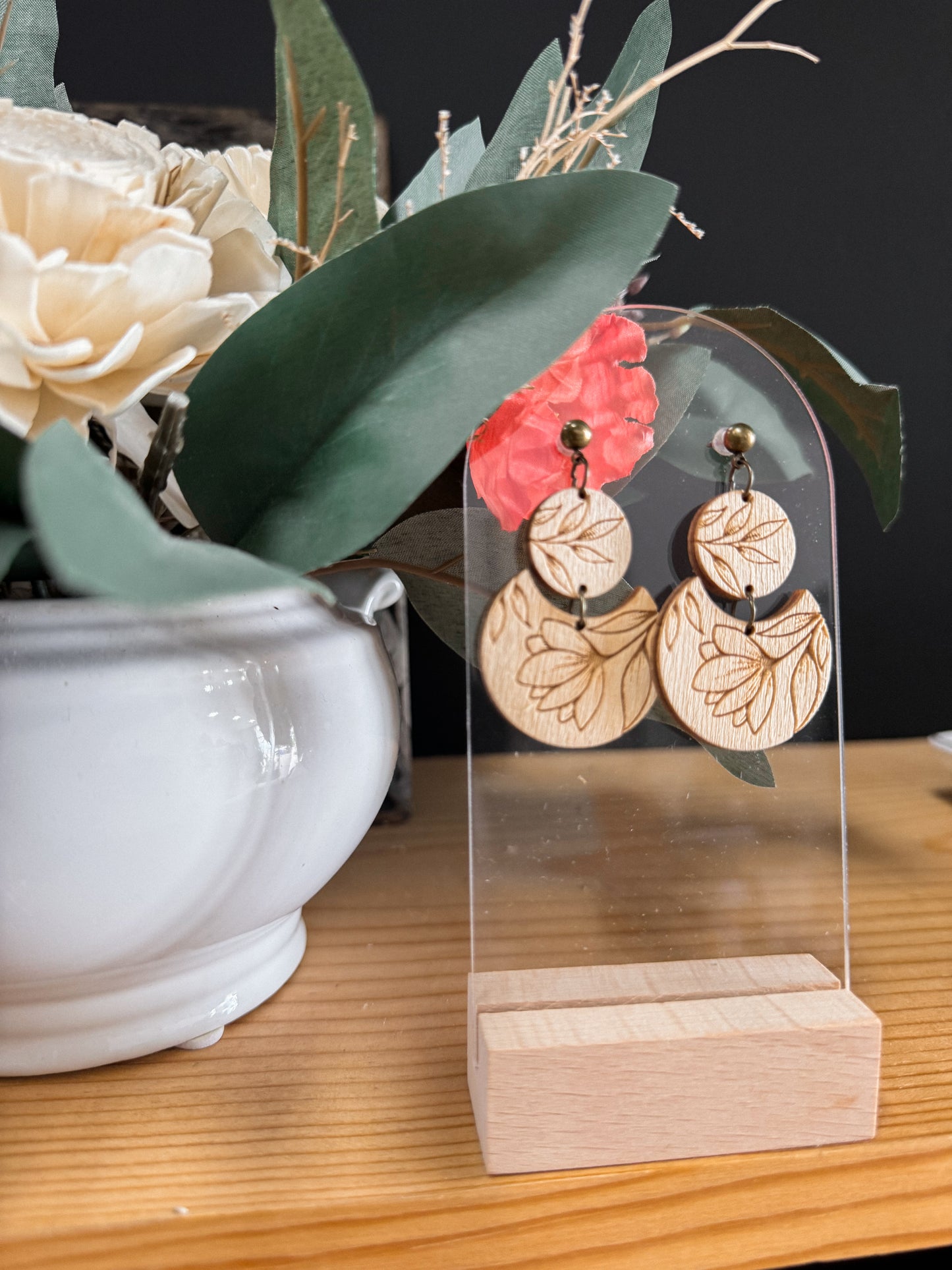 Floral Wood Engraved Earrings