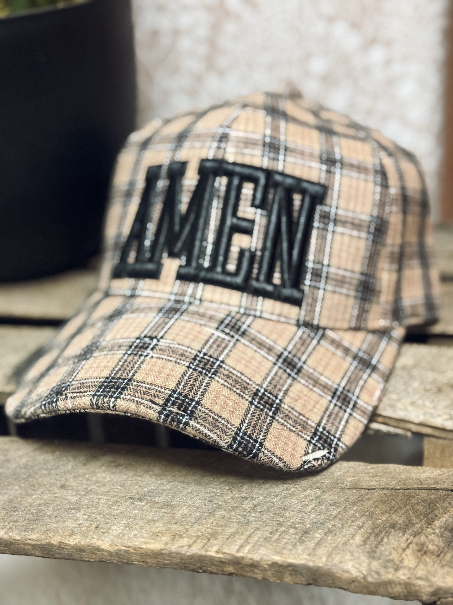 Beige/Black Plaid Hat - Amen