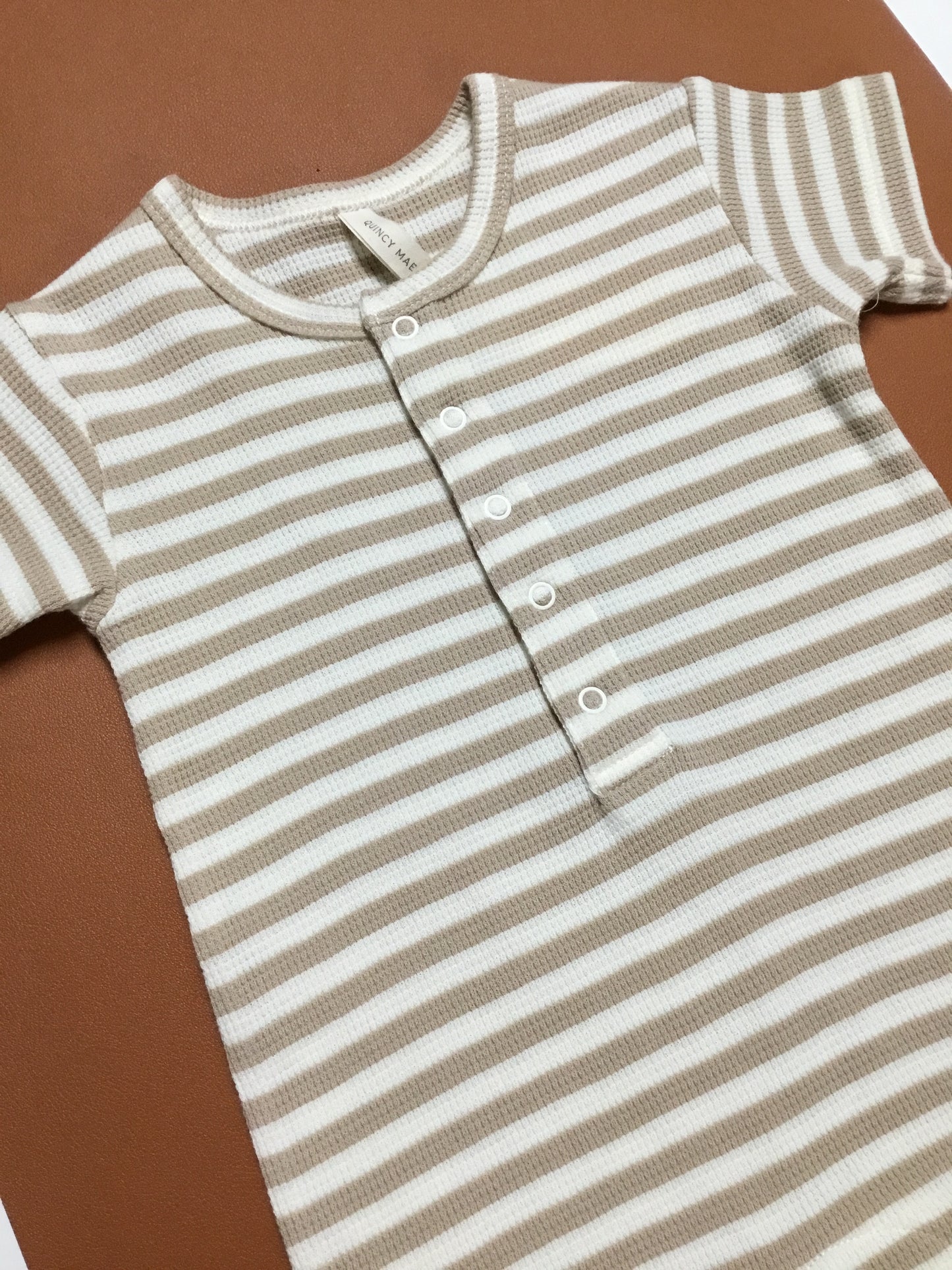Waffle Snap Romper - Oat Stripe