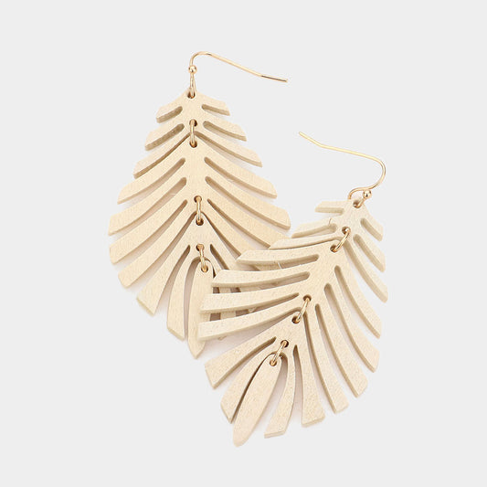 Wood Leaf Dangle Earrings - Cream
