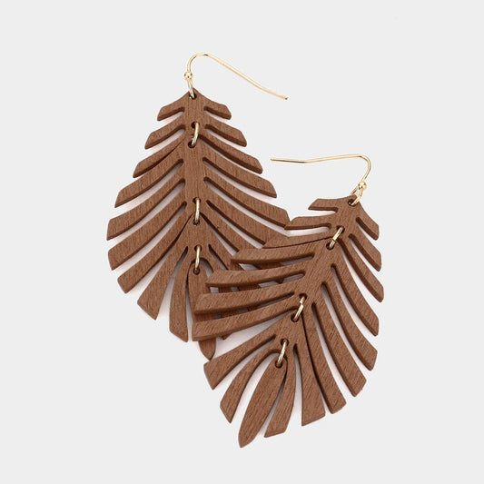 Wood Leaf Dangle Earrings - Brown