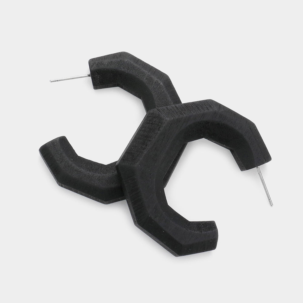 Wood Angled Hoop Earrings - Black