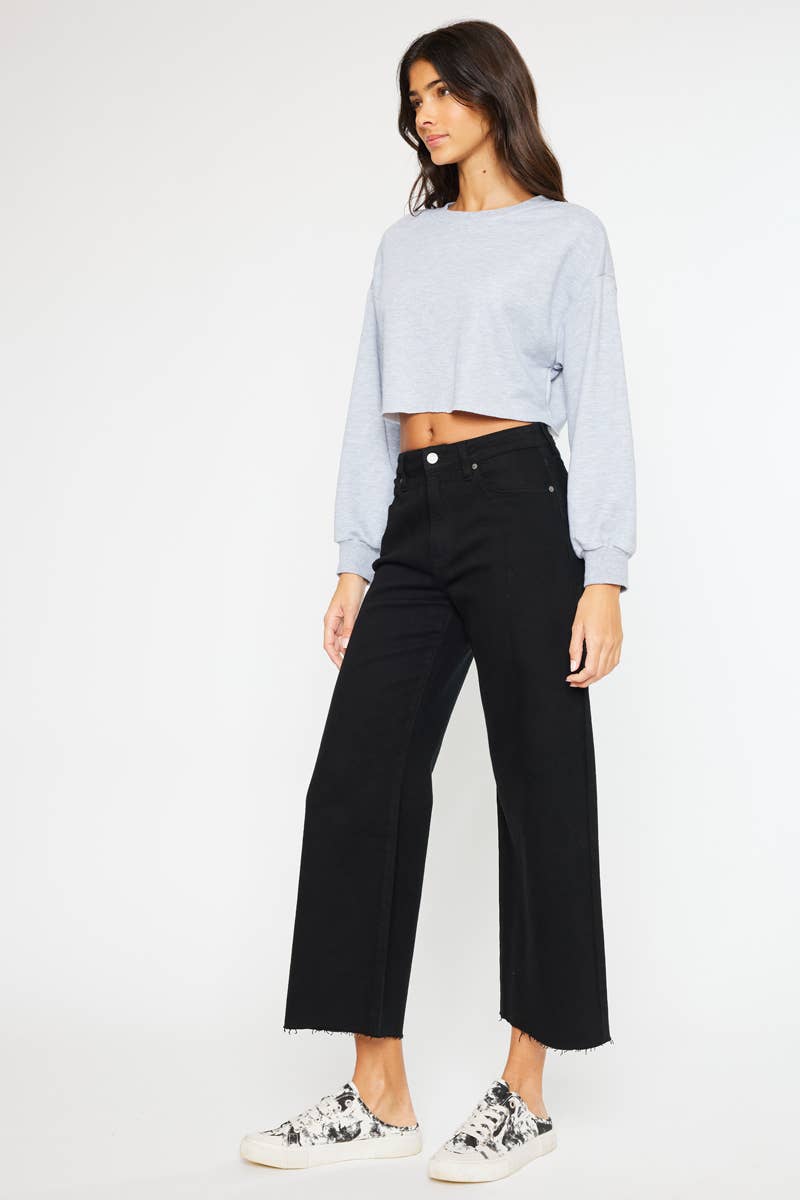 High Rise Crop Wide Leg Jeans - Black