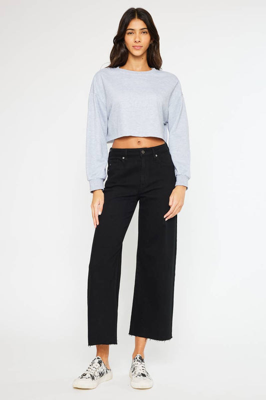High Rise Crop Wide Leg Jeans - Black