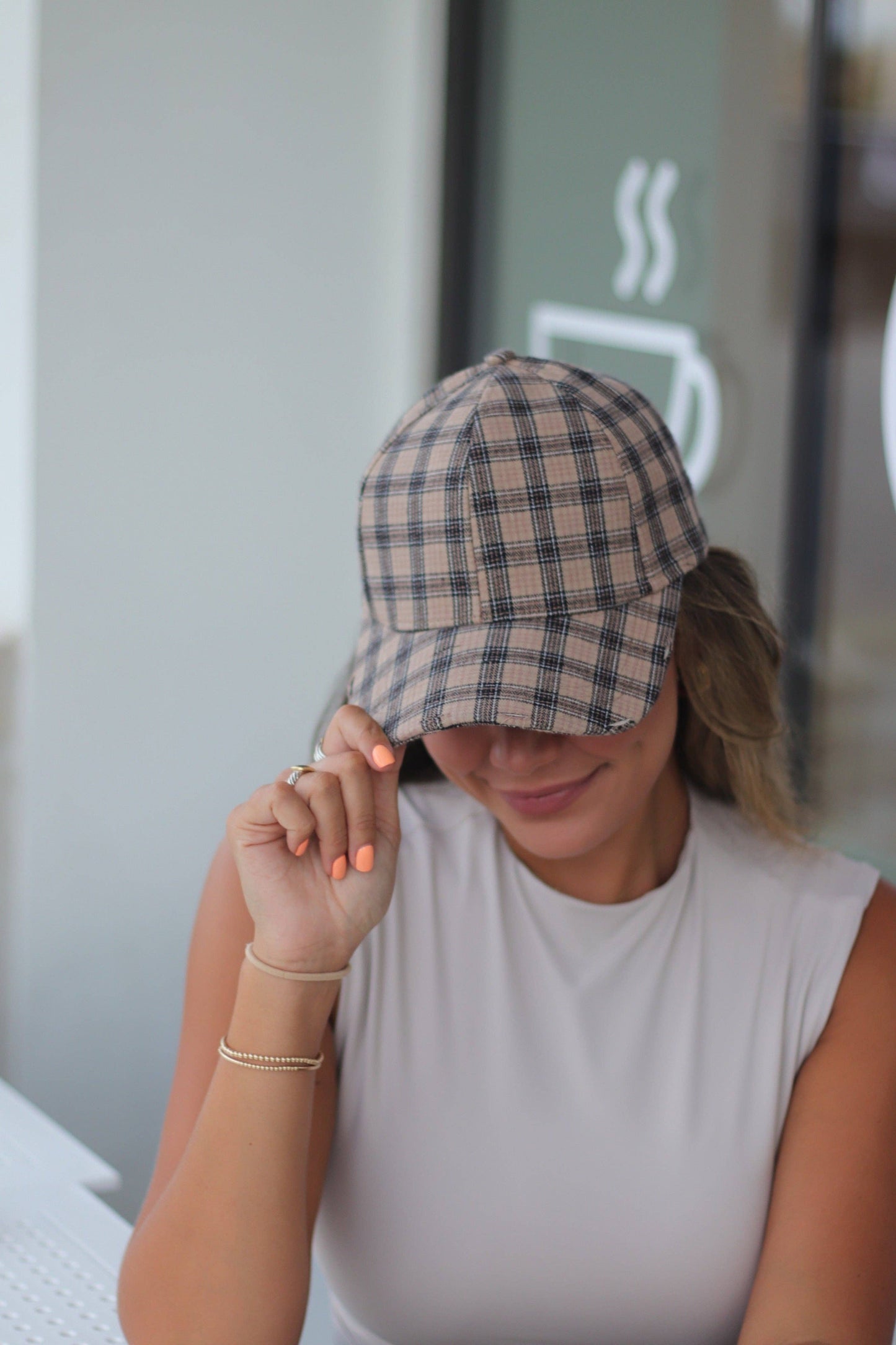 Baseball Hat - Beige/Black Plaid