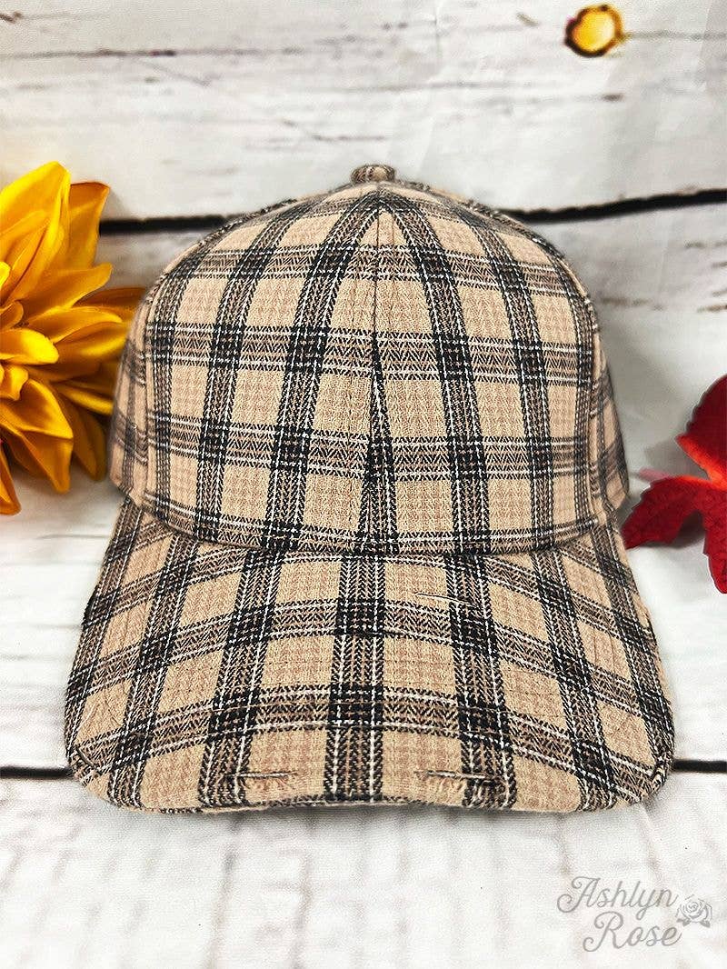 Baseball Hat - Beige/Black Plaid