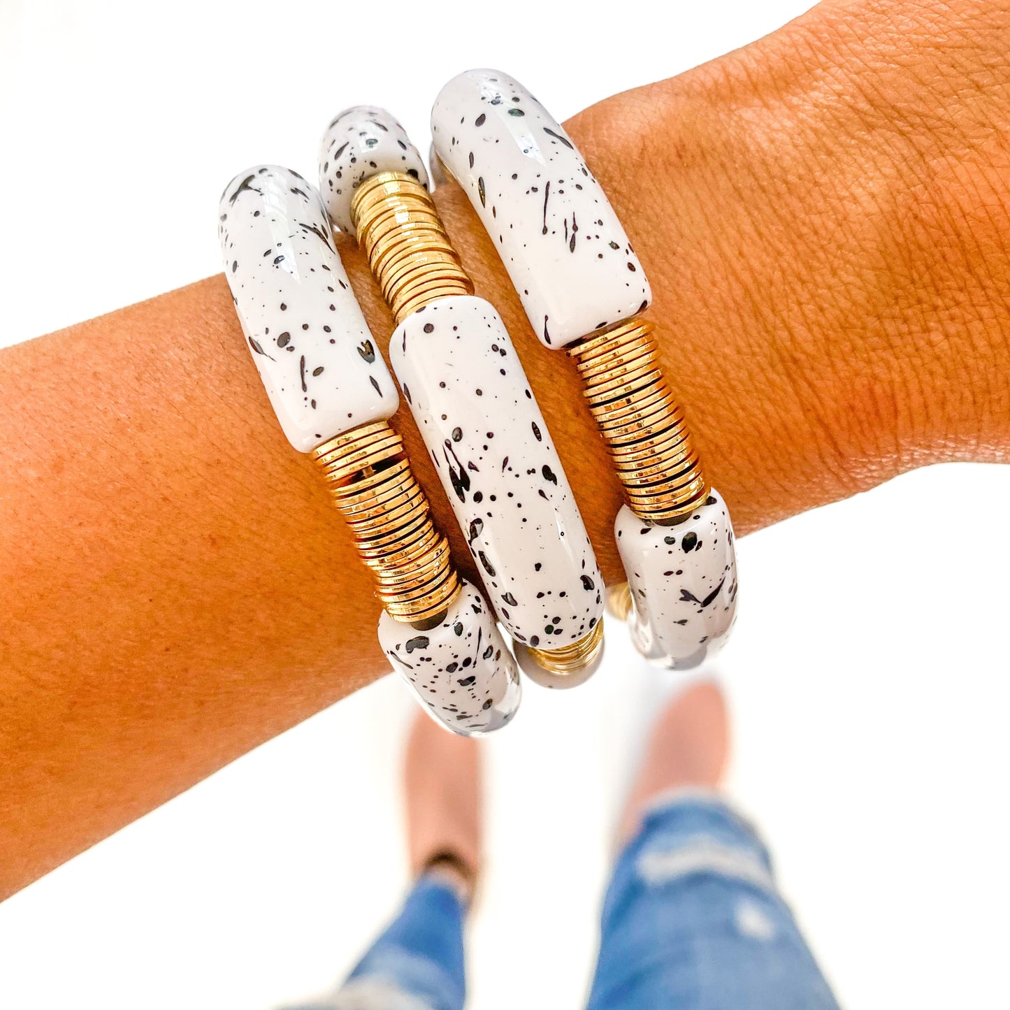 White with Black Speckle Acrylic Tube Bamboo Bracelet