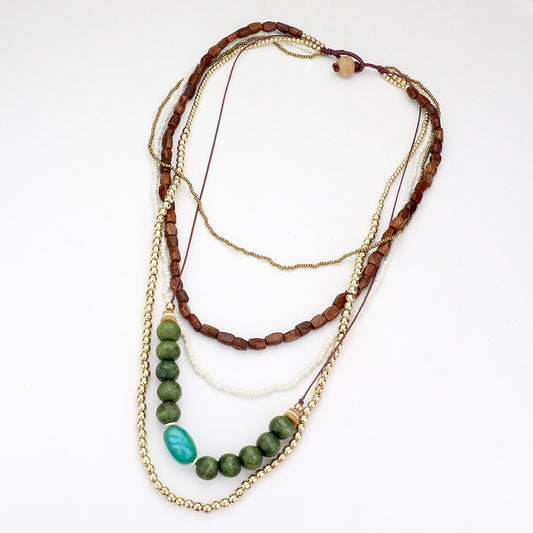 Wood Multi-Layered Necklace - Teal Drop