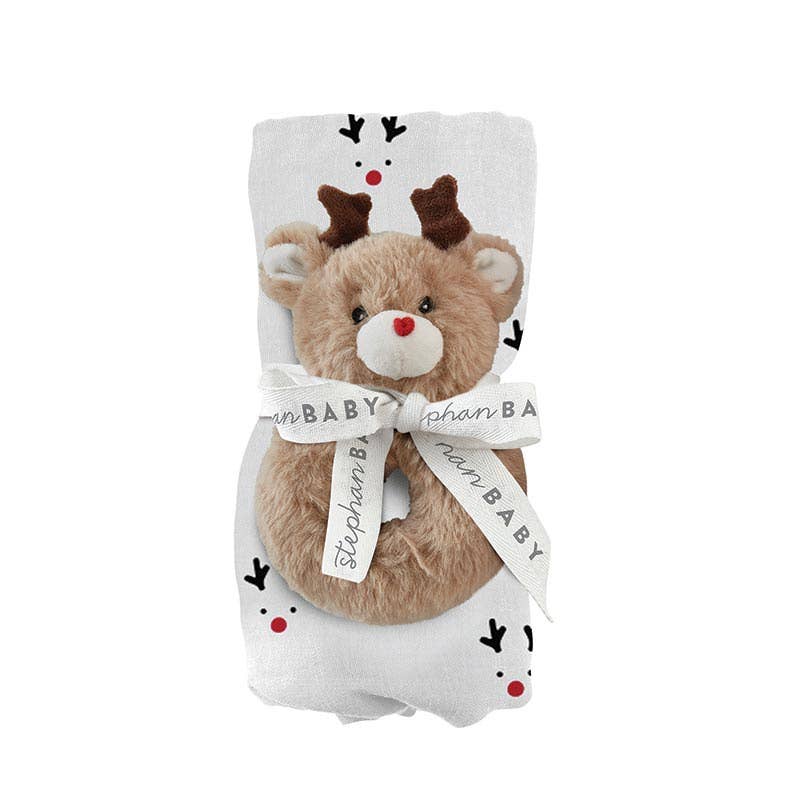 Swaddle Blanket + Plush Reindeer Rattle