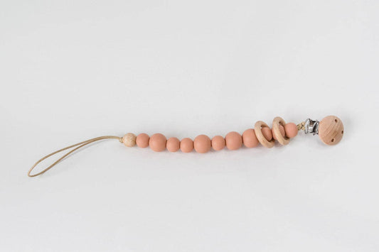 Silicone Bead & Wood Ring Pacifier Clip - Blush