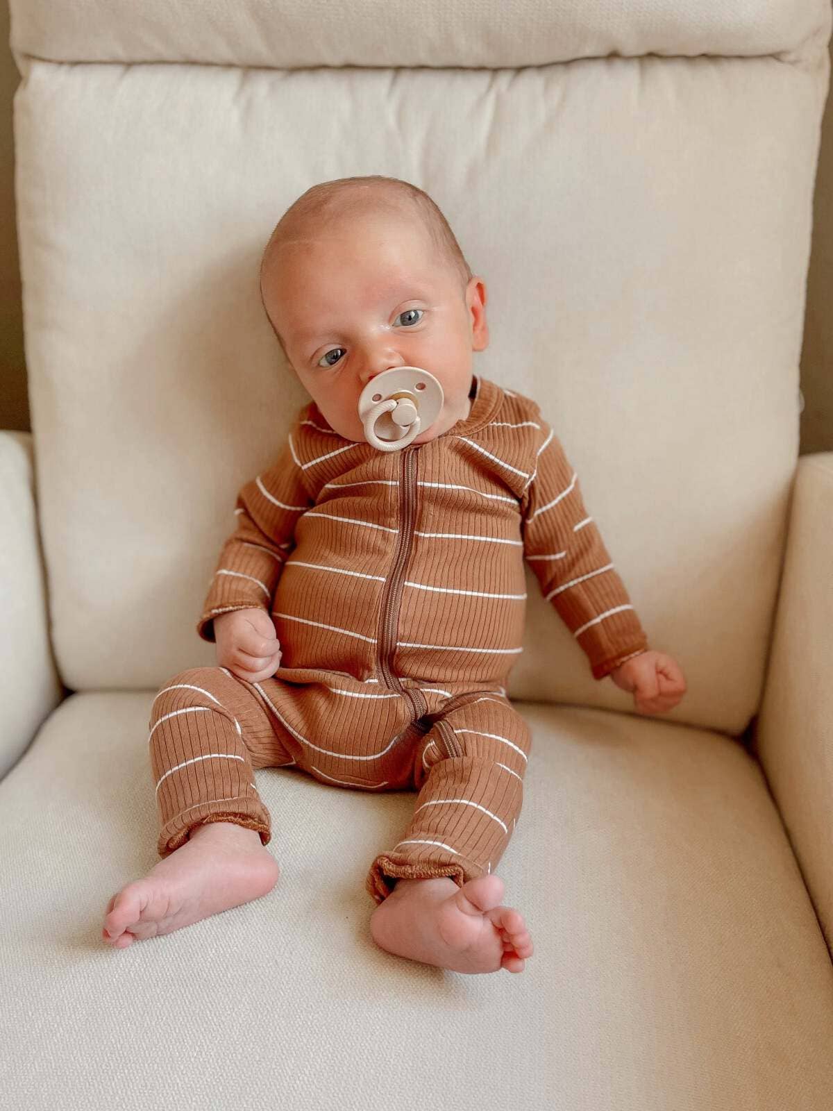 Organic Ribbed 2-Way Zip Romper - Saddle Stripe