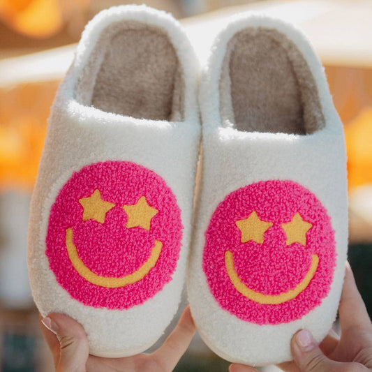 Star Eyed Happy Face Slippers - White/Hot Pink