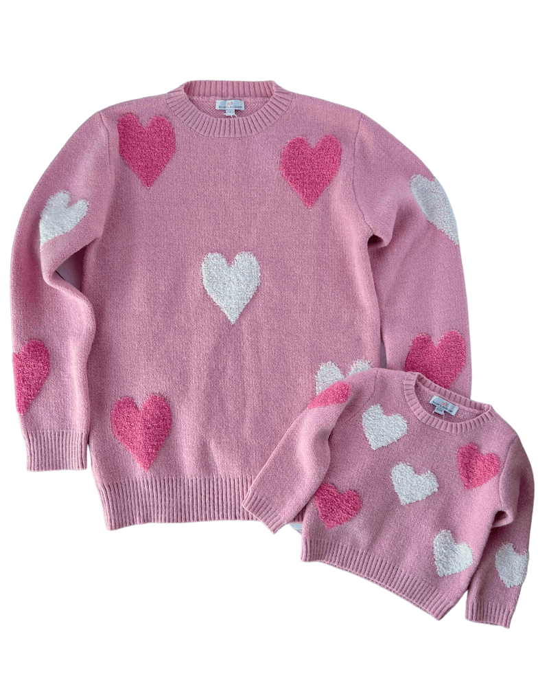 Danielle Hearts Sweater - Dusty Rose and White