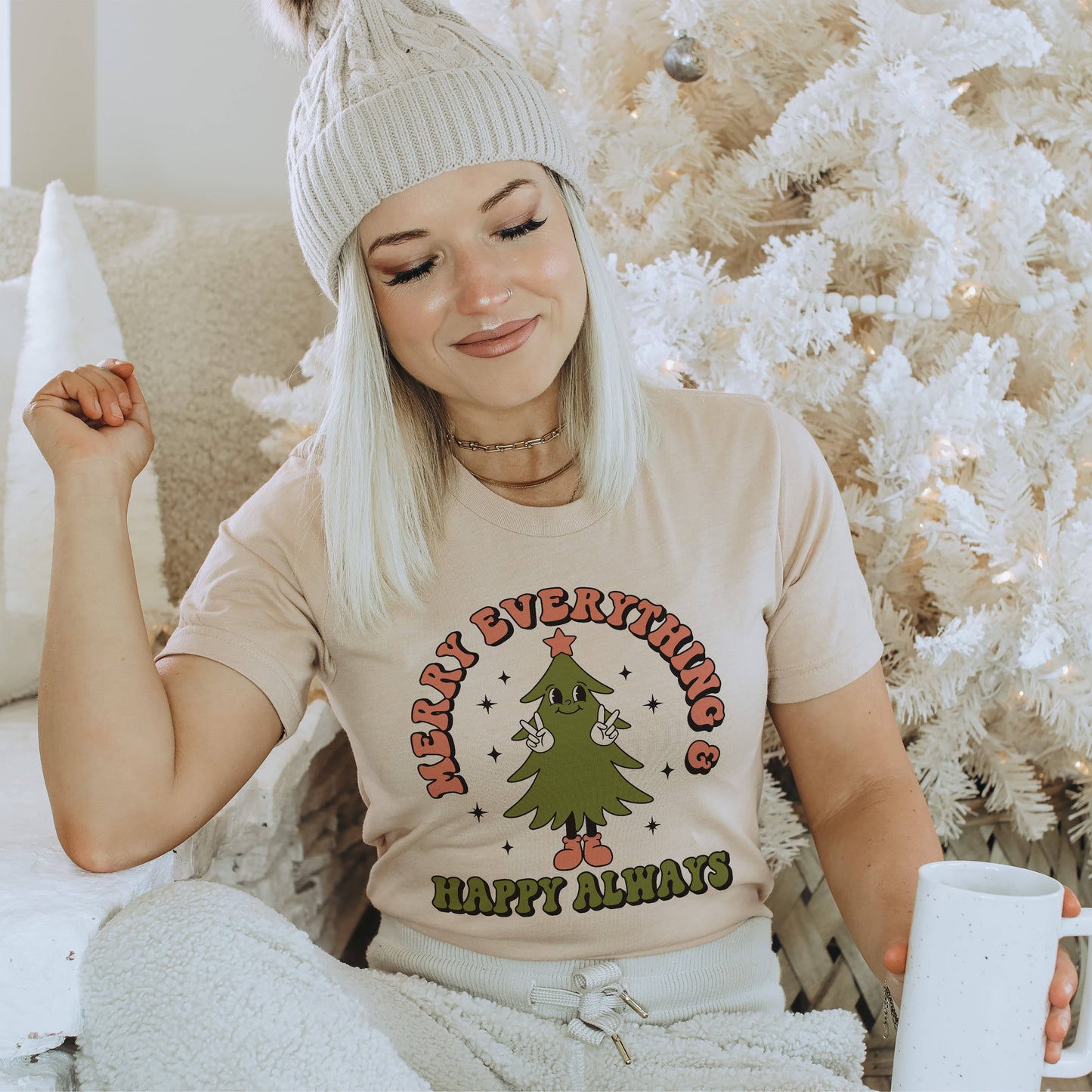 Merry Everything & Happy Always Retro Holiday Tee: Heather Sand Dunes