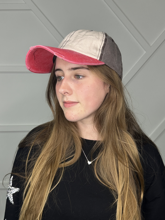 Baseball Hat - Distressed Tan/Brown/Coral