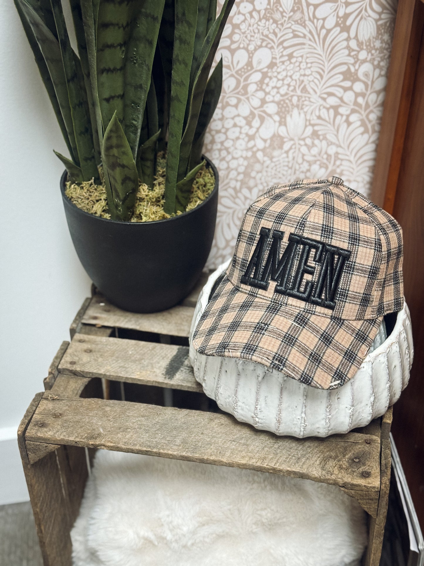 Beige/Black Plaid Hat - Amen