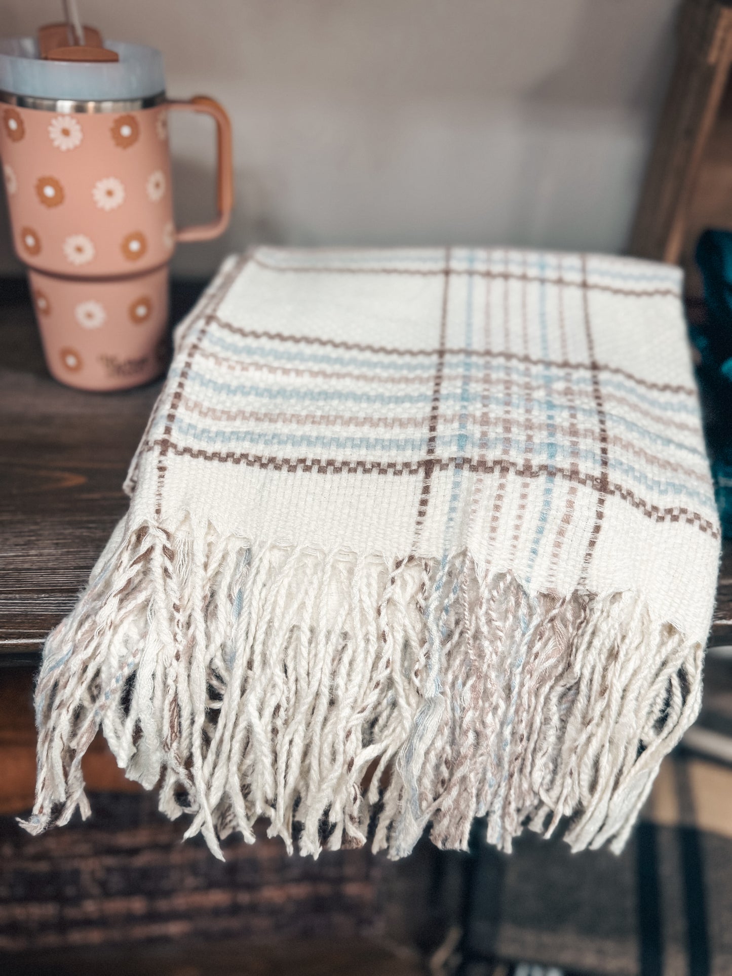 Chunky Knit Scarf - Blue/Pink Plaid