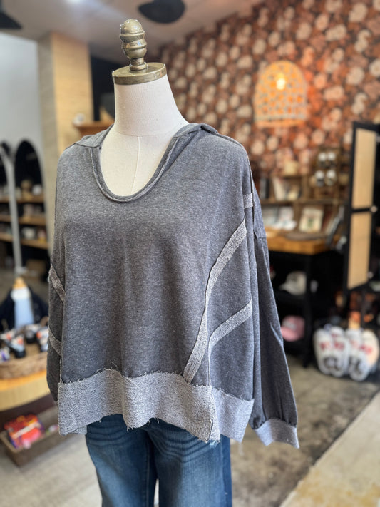 Contrast Trim Slit Raw Hoodie - Black