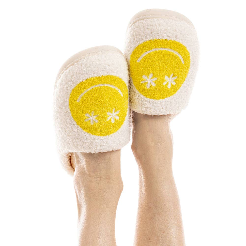 Daisy Eye Happy Face Slippers - White/Yellow