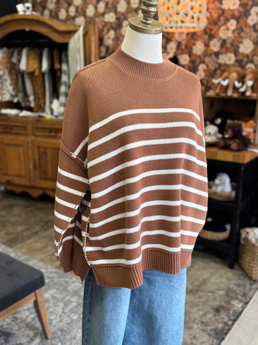 Oversized Striped Sweater - Deep Camel
