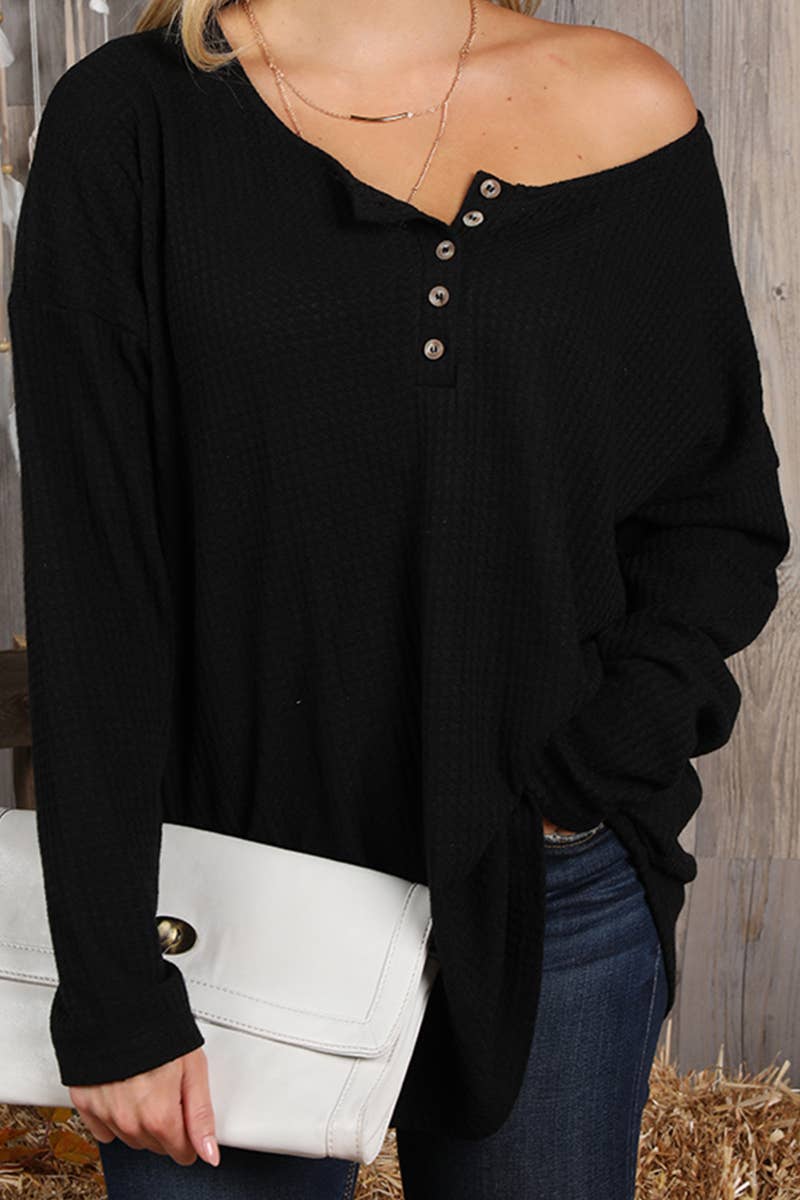 Button Front Knit Blouse - Black