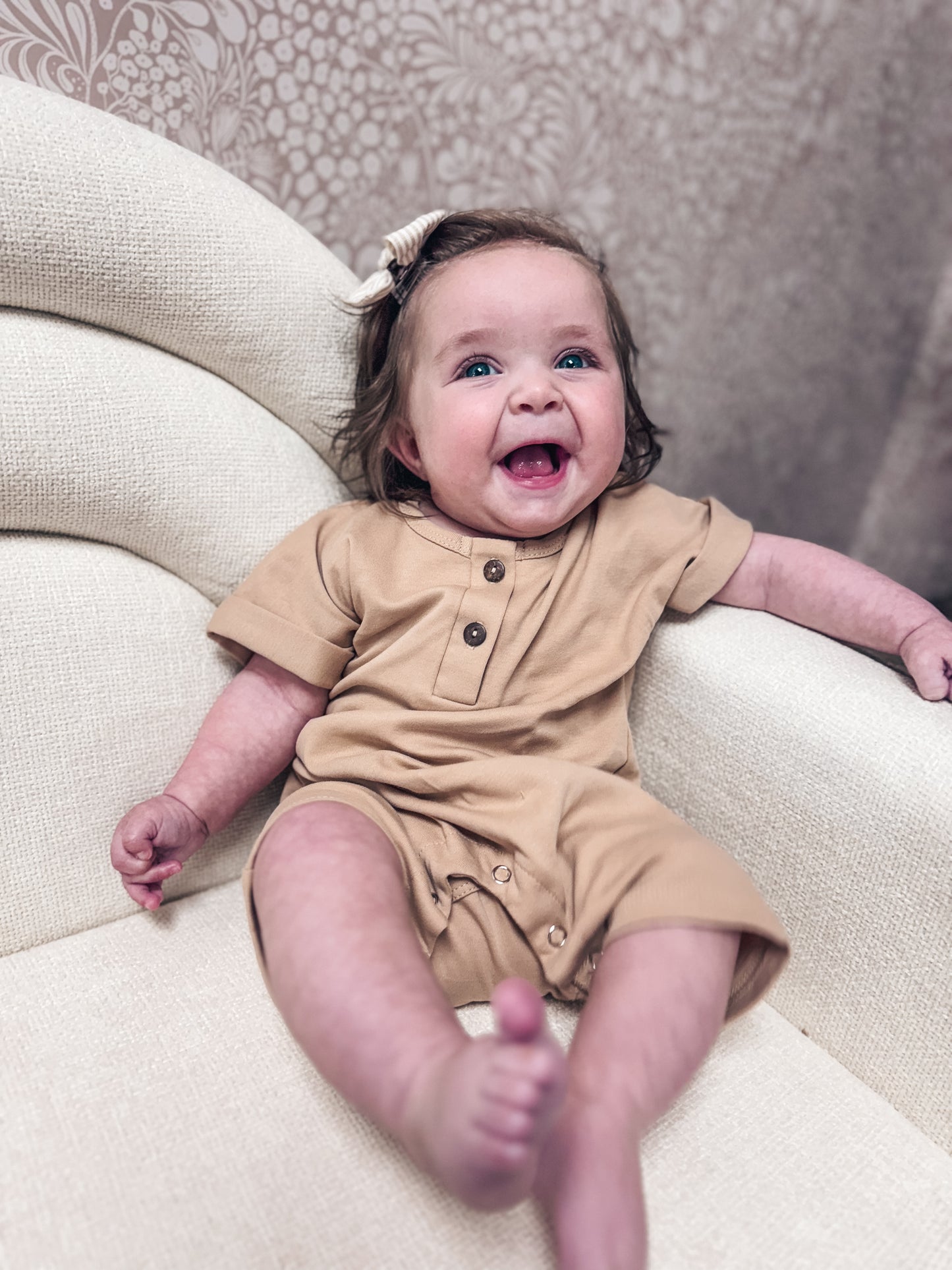 Solid Button Romper - Sand