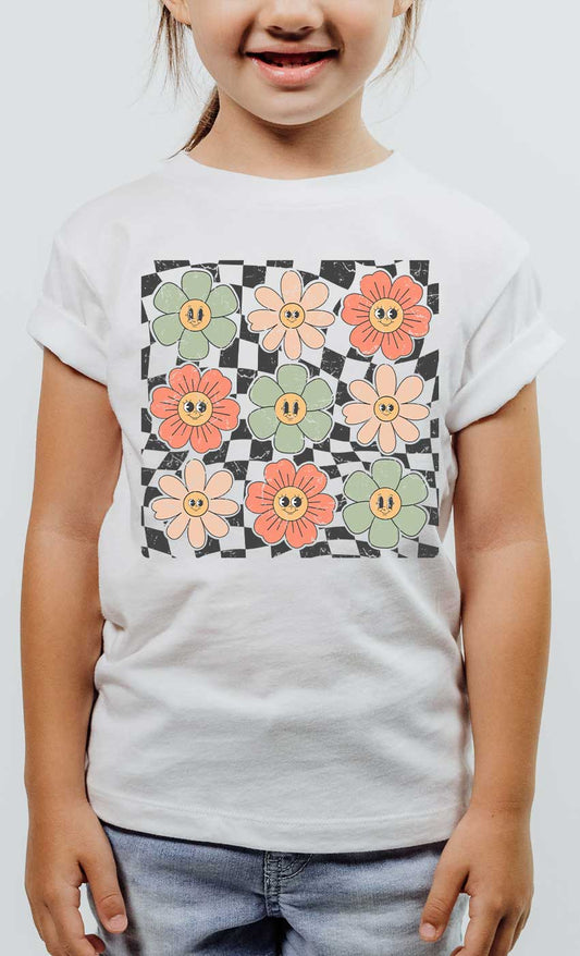 Vintage Flower Checkered Graphic Tee - White