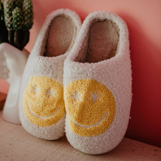 Daisy Eye Happy Face Slippers - White/Yellow