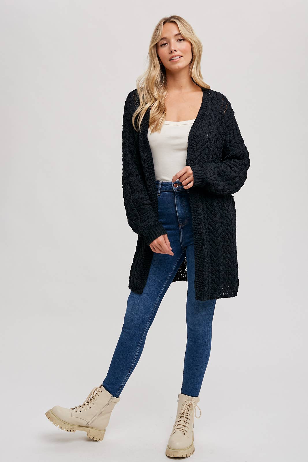 Cable Sweater Knit Cardigan: Black
