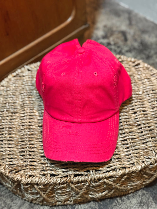 Ponytail Baseball Hat - Distressed Pink
