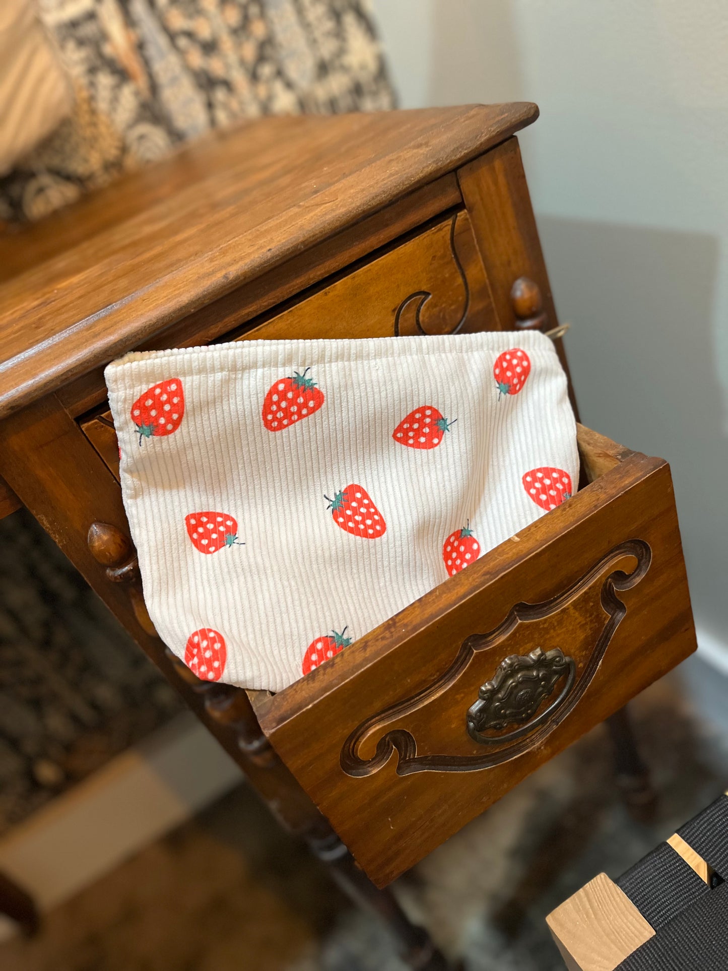 Corduroy Zip Bag - Strawberry Pattern