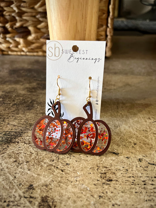 Wooden Pumpkin Drop Earrings - Orange