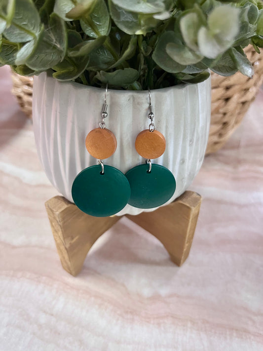 Round Drop Earrings - Green/Wood