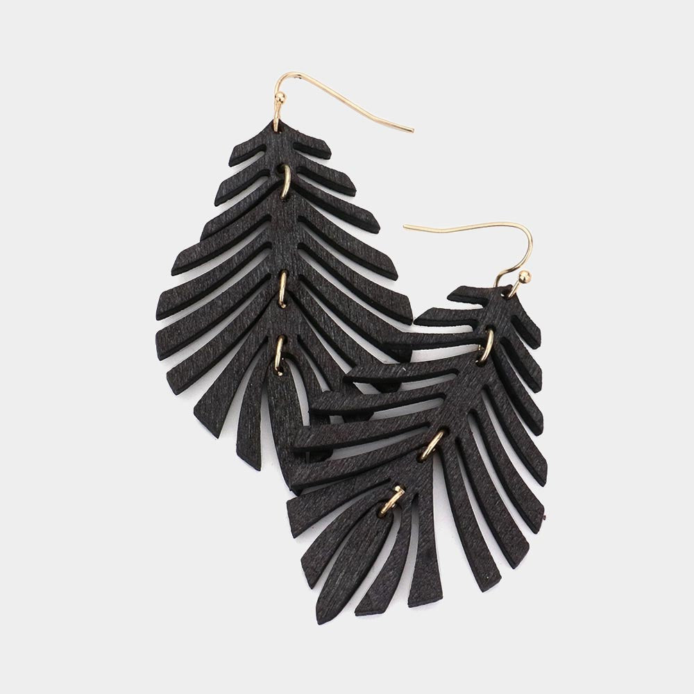Wood Leaf Dangle Earrings - Black