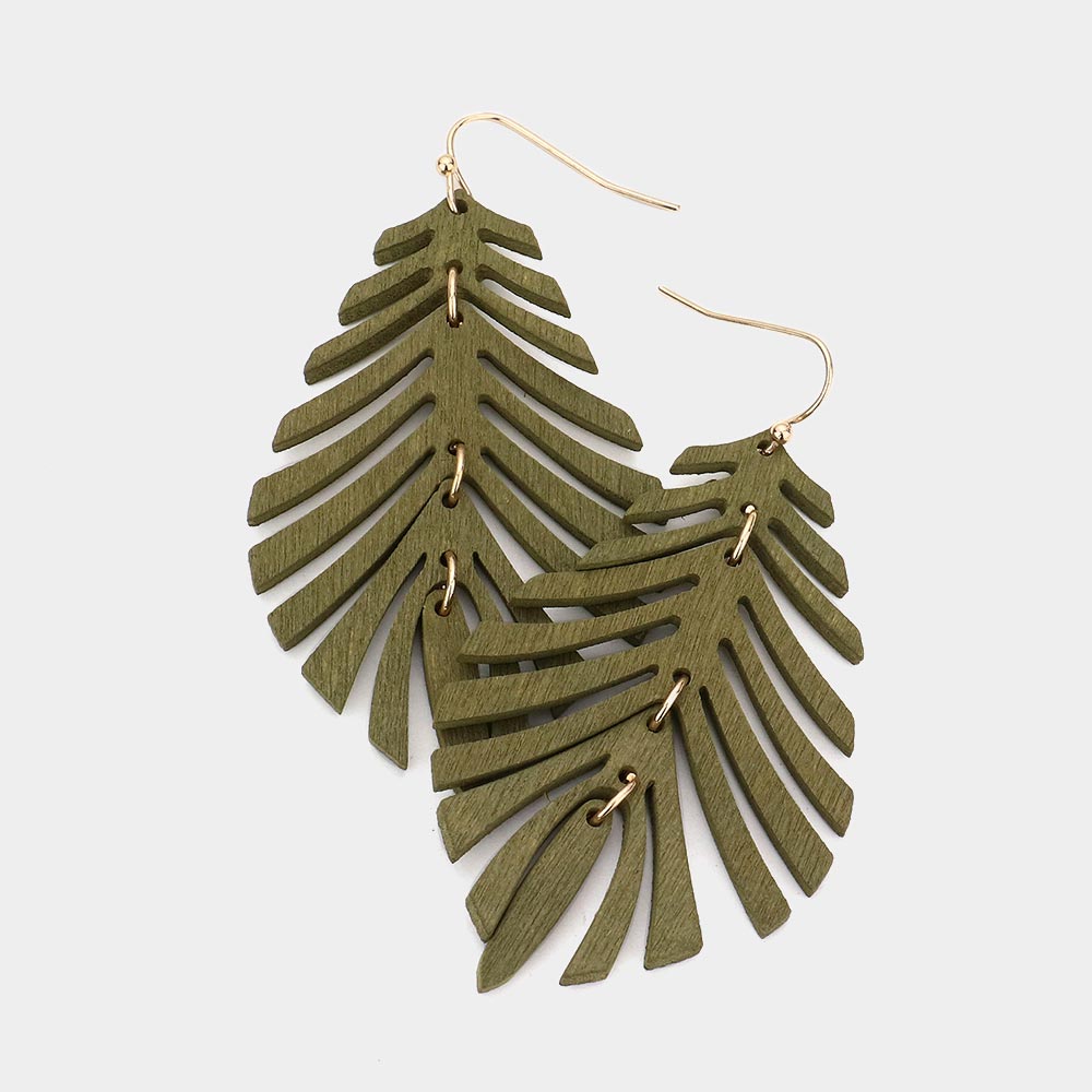Wood Leaf Dangle Earrings - Olive