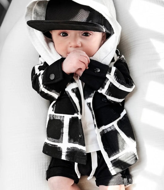 Checkered Hooded Shacket - Black