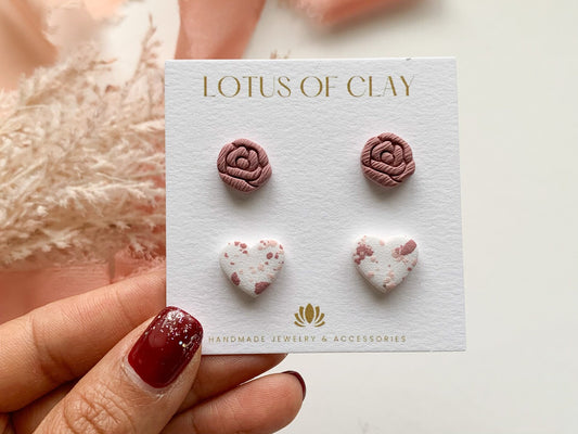 Rose & Heart Clay Earring Set