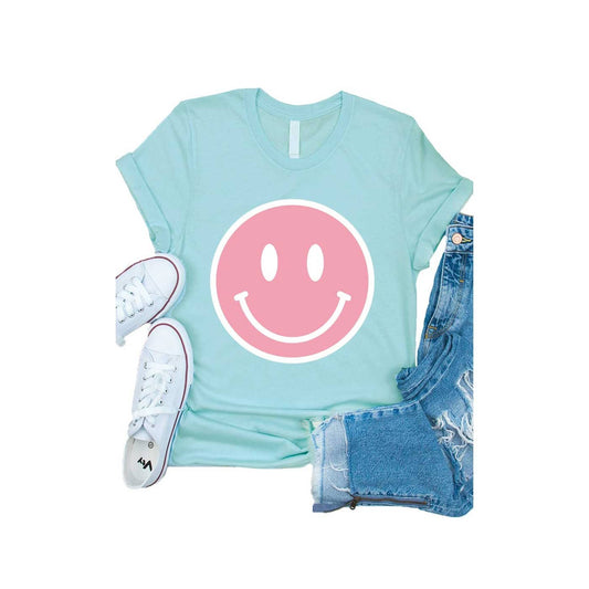 Pink Smiley Face Graphic Tee - Ice Blue